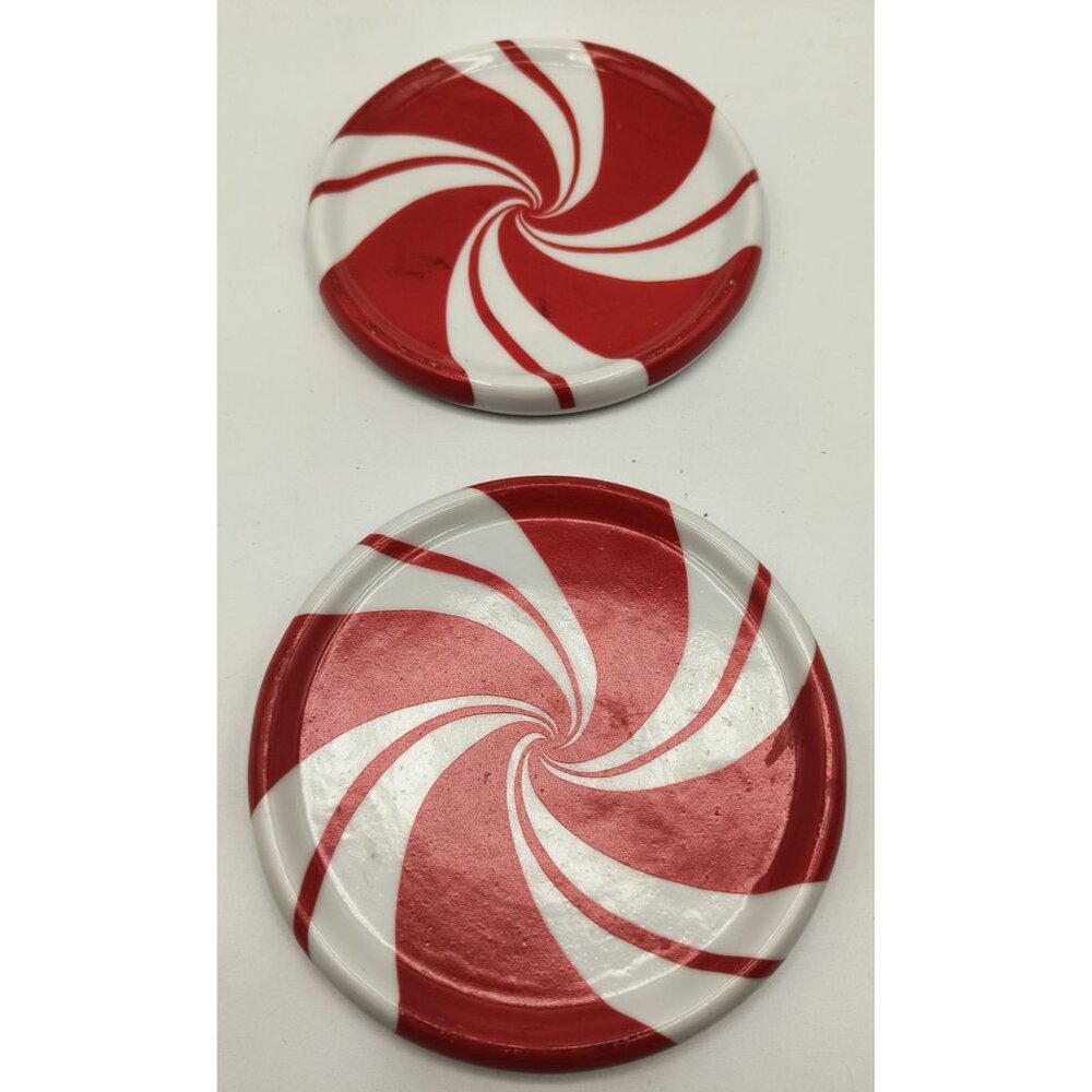 Set Of 2 Peppermint Swirl Decorative Coasters By Department 56 - Red & White